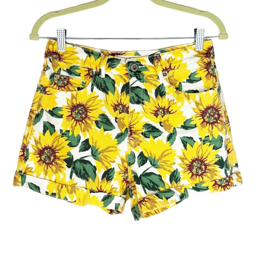 Bullhead Denim Co. Yellow Floral Sunflower High Rise Roll‎ Cuff Mom Shorts Sz 9
